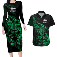 New Zealand Lawn Bowls Custom Couples Matching Long Sleeve Bodycon Dress and Hawaiian Shirt Green Maori Warrior Tribal Silver Fern - Polynesian Pride