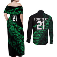 New Zealand Lawn Bowls Custom Couples Matching Off Shoulder Maxi Dress and Long Sleeve Button Shirt Green Maori Warrior Tribal Silver Fern - Polynesian Pride