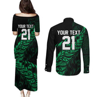 New Zealand Lawn Bowls Custom Couples Matching Puletasi and Long Sleeve Button Shirt Green Maori Warrior Tribal Silver Fern - Polynesian Pride