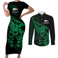 New Zealand Lawn Bowls Custom Couples Matching Short Sleeve Bodycon Dress and Long Sleeve Button Shirt Green Maori Warrior Tribal Silver Fern - Polynesian Pride