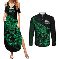 New Zealand Lawn Bowls Custom Couples Matching Summer Maxi Dress and Long Sleeve Button Shirt Green Maori Warrior Tribal Silver Fern - Polynesian Pride