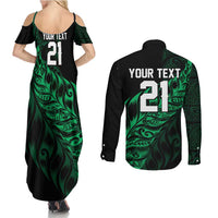 New Zealand Lawn Bowls Custom Couples Matching Summer Maxi Dress and Long Sleeve Button Shirt Green Maori Warrior Tribal Silver Fern - Polynesian Pride