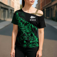 New Zealand Lawn Bowls Custom Cross Shoulder Shirt Green Maori Warrior Tribal Silver Fern - Polynesian Pride