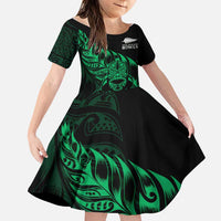 New Zealand Lawn Bowls Custom Family Matching Off Shoulder Short Dress and Hawaiian Shirt Green Maori Warrior Tribal Silver Fern - Polynesian Pride