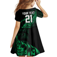 New Zealand Lawn Bowls Custom Family Matching Off Shoulder Short Dress and Hawaiian Shirt Green Maori Warrior Tribal Silver Fern - Polynesian Pride