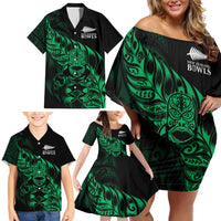 New Zealand Lawn Bowls Custom Family Matching Off Shoulder Short Dress and Hawaiian Shirt Green Maori Warrior Tribal Silver Fern - Polynesian Pride