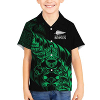 New Zealand Lawn Bowls Custom Family Matching Off Shoulder Short Dress and Hawaiian Shirt Green Maori Warrior Tribal Silver Fern - Polynesian Pride