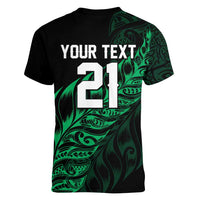 New Zealand Lawn Bowls Custom Women V-Neck T-Shirt Green Maori Warrior Tribal Silver Fern - Polynesian Pride