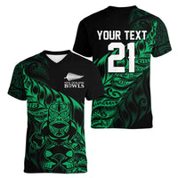 New Zealand Lawn Bowls Custom Women V-Neck T-Shirt Green Maori Warrior Tribal Silver Fern - Polynesian Pride