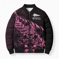 New Zealand Lawn Bowls Custom Bomber Puffer Jacket Pink Maori Warrior Tribal Silver Fern - Polynesian Pride