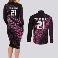 New Zealand Lawn Bowls Custom Couples Matching Long Sleeve Bodycon Dress and Long Sleeve Button Shirt Pink Maori Warrior Tribal Silver Fern - Polynesian Pride