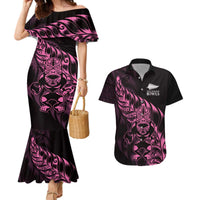 New Zealand Lawn Bowls Custom Couples Matching Mermaid Dress and Hawaiian Shirt Pink Maori Warrior Tribal Silver Fern - Polynesian Pride