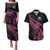 New Zealand Lawn Bowls Custom Couples Matching Puletasi and Hawaiian Shirt Pink Maori Warrior Tribal Silver Fern - Polynesian Pride
