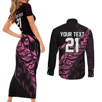 New Zealand Lawn Bowls Custom Couples Matching Short Sleeve Bodycon Dress and Long Sleeve Button Shirt Pink Maori Warrior Tribal Silver Fern - Polynesian Pride