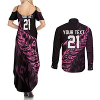 New Zealand Lawn Bowls Custom Couples Matching Summer Maxi Dress and Long Sleeve Button Shirt Pink Maori Warrior Tribal Silver Fern - Polynesian Pride