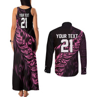 New Zealand Lawn Bowls Custom Couples Matching Tank Maxi Dress and Long Sleeve Button Shirt Pink Maori Warrior Tribal Silver Fern - Polynesian Pride