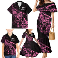 New Zealand Lawn Bowls Custom Family Matching Mermaid Dress and Hawaiian Shirt Pink Maori Warrior Tribal Silver Fern - Polynesian Pride