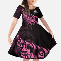 New Zealand Lawn Bowls Custom Family Matching Off Shoulder Short Dress and Hawaiian Shirt Pink Maori Warrior Tribal Silver Fern - Polynesian Pride
