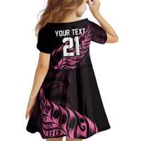 New Zealand Lawn Bowls Custom Family Matching Off Shoulder Short Dress and Hawaiian Shirt Pink Maori Warrior Tribal Silver Fern - Polynesian Pride