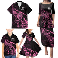 New Zealand Lawn Bowls Custom Family Matching Puletasi and Hawaiian Shirt Pink Maori Warrior Tribal Silver Fern - Polynesian Pride
