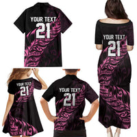 New Zealand Lawn Bowls Custom Family Matching Puletasi and Hawaiian Shirt Pink Maori Warrior Tribal Silver Fern - Polynesian Pride