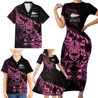 New Zealand Lawn Bowls Custom Family Matching Short Sleeve Bodycon Dress and Hawaiian Shirt Pink Maori Warrior Tribal Silver Fern - Polynesian Pride