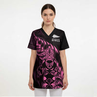 New Zealand Lawn Bowls Custom Scrub Top Pink Maori Warrior Tribal Silver Fern - Polynesian Pride