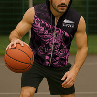 New Zealand Lawn Bowls Custom Sleeveless Zip Hoodie Pink Maori Warrior Tribal Silver Fern - Polynesian Pride