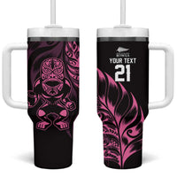 New Zealand Lawn Bowls Custom Tumbler With Handle Pink Maori Warrior Tribal Silver Fern - Polynesian Pride