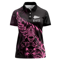 New Zealand Lawn Bowls Custom Women Polo Shirt Pink Maori Warrior Tribal Silver Fern - Polynesian Pride