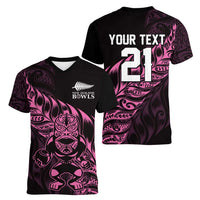 New Zealand Lawn Bowls Custom Women V-Neck T-Shirt Pink Maori Warrior Tribal Silver Fern - Polynesian Pride
