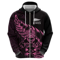 New Zealand Lawn Bowls Custom Zip Hoodie Pink Maori Warrior Tribal Silver Fern - Polynesian Pride