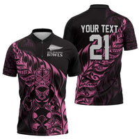 New Zealand Lawn Bowls Custom Zipper Polo Shirt Pink Maori Warrior Tribal Silver Fern - Polynesian Pride