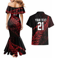 New Zealand Lawn Bowls Custom Couples Matching Mermaid Dress and Hawaiian Shirt Red Maori Warrior Tribal Silver Fern - Polynesian Pride