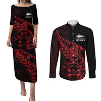 New Zealand Lawn Bowls Custom Couples Matching Puletasi and Long Sleeve Button Shirt Red Maori Warrior Tribal Silver Fern - Polynesian Pride