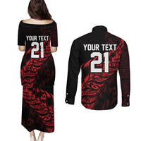 New Zealand Lawn Bowls Custom Couples Matching Puletasi and Long Sleeve Button Shirt Red Maori Warrior Tribal Silver Fern - Polynesian Pride