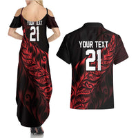 New Zealand Lawn Bowls Custom Couples Matching Summer Maxi Dress and Hawaiian Shirt Red Maori Warrior Tribal Silver Fern - Polynesian Pride