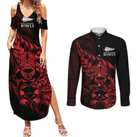 New Zealand Lawn Bowls Custom Couples Matching Summer Maxi Dress and Long Sleeve Button Shirt Red Maori Warrior Tribal Silver Fern - Polynesian Pride