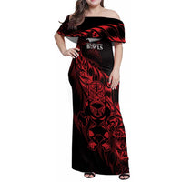 New Zealand Lawn Bowls Custom Family Matching Off Shoulder Maxi Dress and Hawaiian Shirt Red Maori Warrior Tribal Silver Fern - Polynesian Pride
