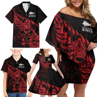 New Zealand Lawn Bowls Custom Family Matching Off Shoulder Short Dress and Hawaiian Shirt Red Maori Warrior Tribal Silver Fern - Polynesian Pride