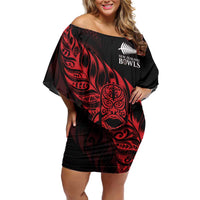 New Zealand Lawn Bowls Custom Family Matching Off Shoulder Short Dress and Hawaiian Shirt Red Maori Warrior Tribal Silver Fern - Polynesian Pride
