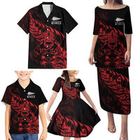 New Zealand Lawn Bowls Custom Family Matching Puletasi and Hawaiian Shirt Red Maori Warrior Tribal Silver Fern - Polynesian Pride