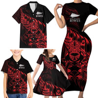 New Zealand Lawn Bowls Custom Family Matching Short Sleeve Bodycon Dress and Hawaiian Shirt Red Maori Warrior Tribal Silver Fern - Polynesian Pride