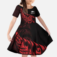New Zealand Lawn Bowls Custom Kid Short Sleeve Dress Red Maori Warrior Tribal Silver Fern - Polynesian Pride