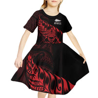 New Zealand Lawn Bowls Custom Kid Short Sleeve Dress Red Maori Warrior Tribal Silver Fern - Polynesian Pride