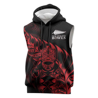 New Zealand Lawn Bowls Custom Sleeveless Hoodie Red Maori Warrior Tribal Silver Fern - Polynesian Pride
