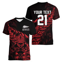 New Zealand Lawn Bowls Custom Women V-Neck T-Shirt Red Maori Warrior Tribal Silver Fern - Polynesian Pride