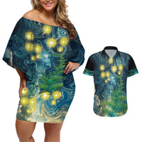 New Zealand Matariki Waipuna-a-rangi Couples Matching Off Shoulder Short Dress and Hawaiian Shirt He Roimata o Rangi LT9 Black - Polynesian Pride