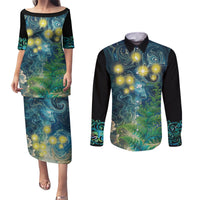 New Zealand Matariki Waipuna-a-rangi Couples Matching Puletasi and Long Sleeve Button Shirt He Roimata o Rangi LT9 Black - Polynesian Pride
