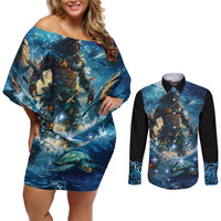 New Zealand Matariki Waita Couples Matching Off Shoulder Short Dress and Long Sleeve Button Shirt The Way Of The Water LT9 Black - Polynesian Pride